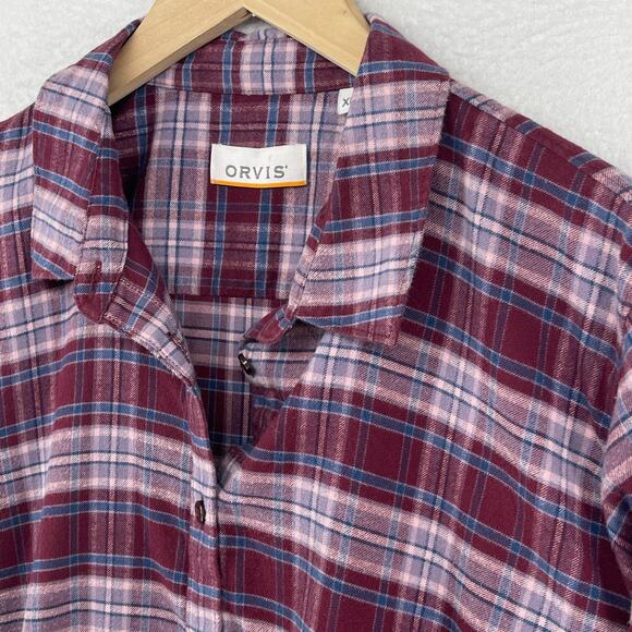 ORVIS Shirt Women XL Flannel Plaid Button Up Utility Cotton Blend Purple - Picture 1 of 13